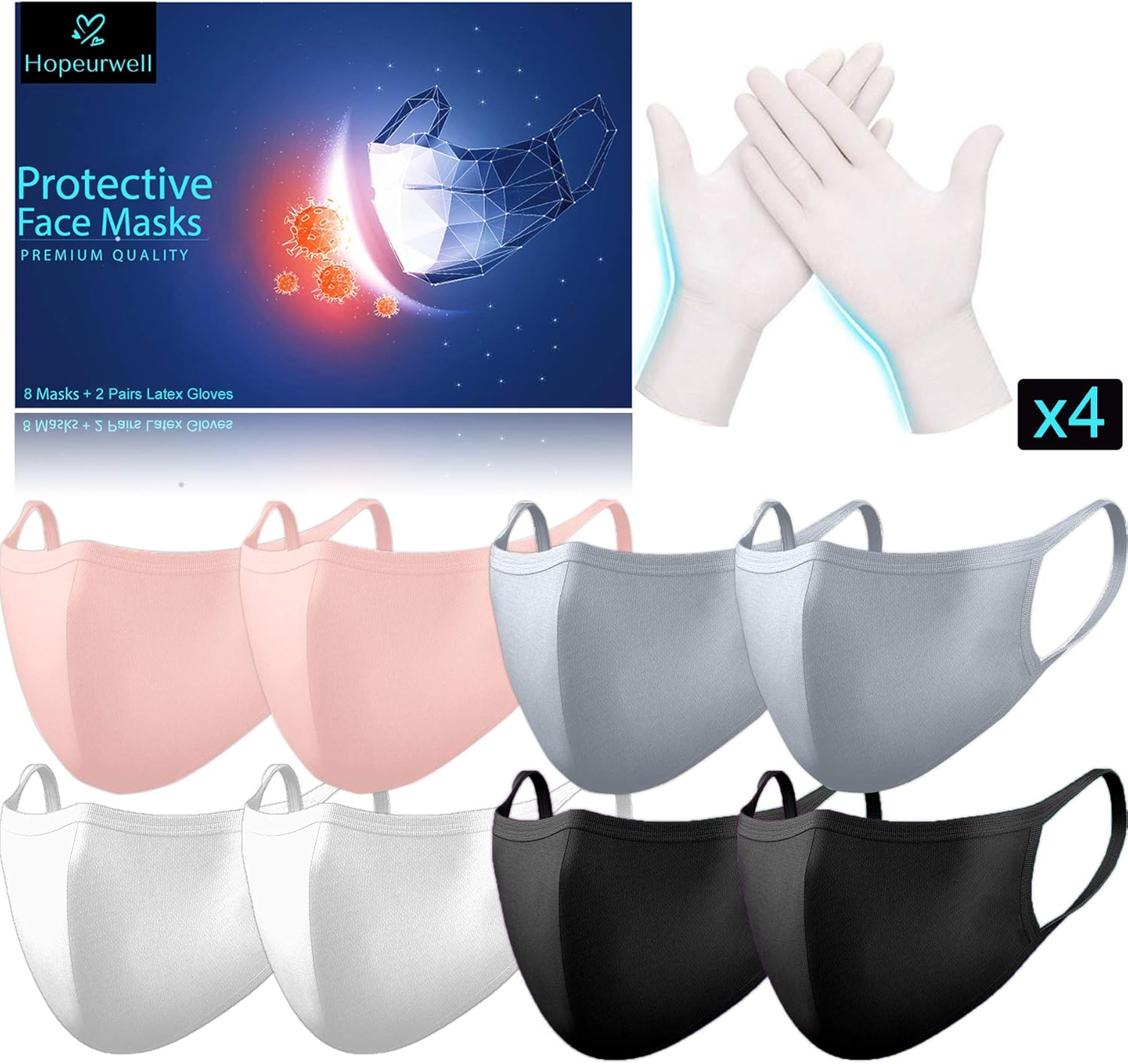Hopeurwell Protective Face Masks and Glove Kit (4 Masks + 2 Glove) for Kids and Adults, Most Breathable Cloth Mask, 3X More Protection, Reusable Cotton, Nose Clip, 2 Layer, Washable, Lightweight: Health & Personal Care