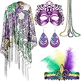 Jiuguva 8 Pcs Mardi Gras Shawl Scarf Outfit for Women Mardi Gras Throws Dress Costume Set Carnival Accessories Decorations Headband Earrings Beads Necklace Mask for Masquerade Party