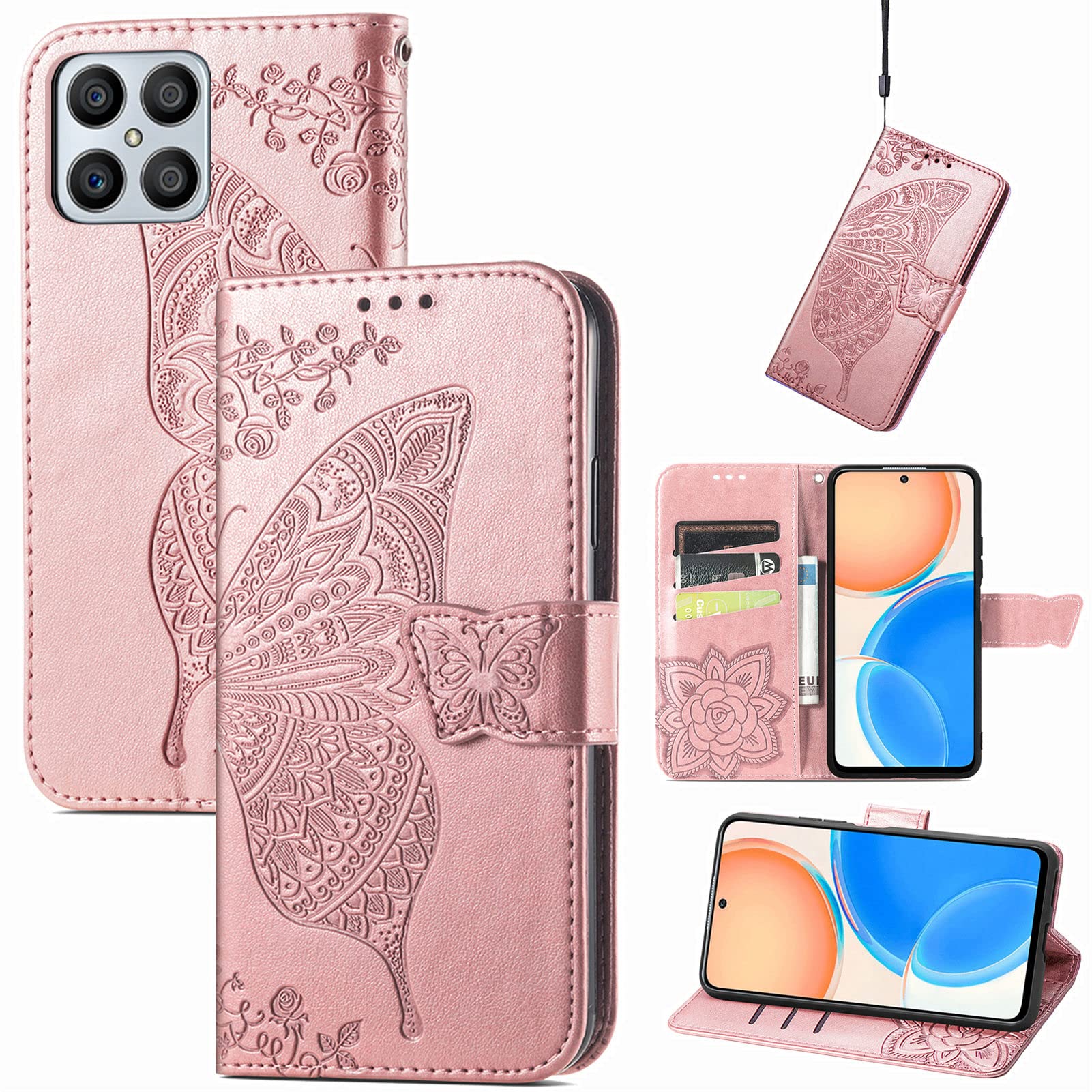 JIUNINE Case for Honor X8, Leather Wallet Case Flip Cover with Butterfly Embossed Pattern [Card Holder] [Magnetic Closure] [TPU Inner Shell] for Honor X8, Rosegold