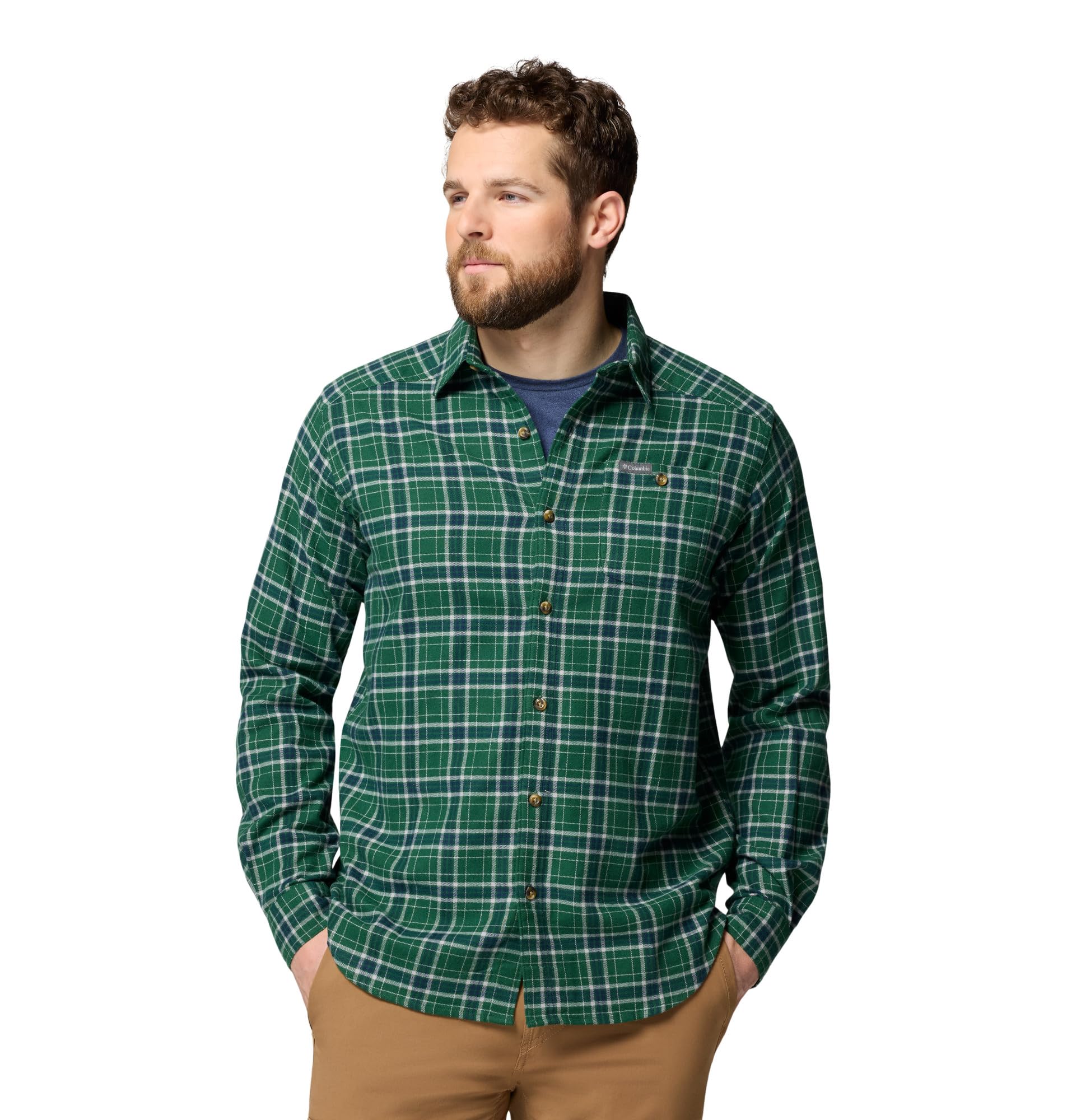 Columbia Mens Cornell Woods Flannel Long Sleeve Shirt, Rain Forest Quad Check, Small Image