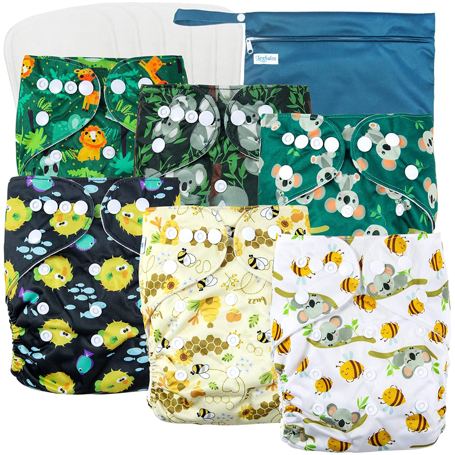 Photo 1 of Leekalos Cloth Diapers Reusable for Boys and Girls, Baby Diaper Cloth with Inserts & Wet Bag One Size (Koala & Bee)