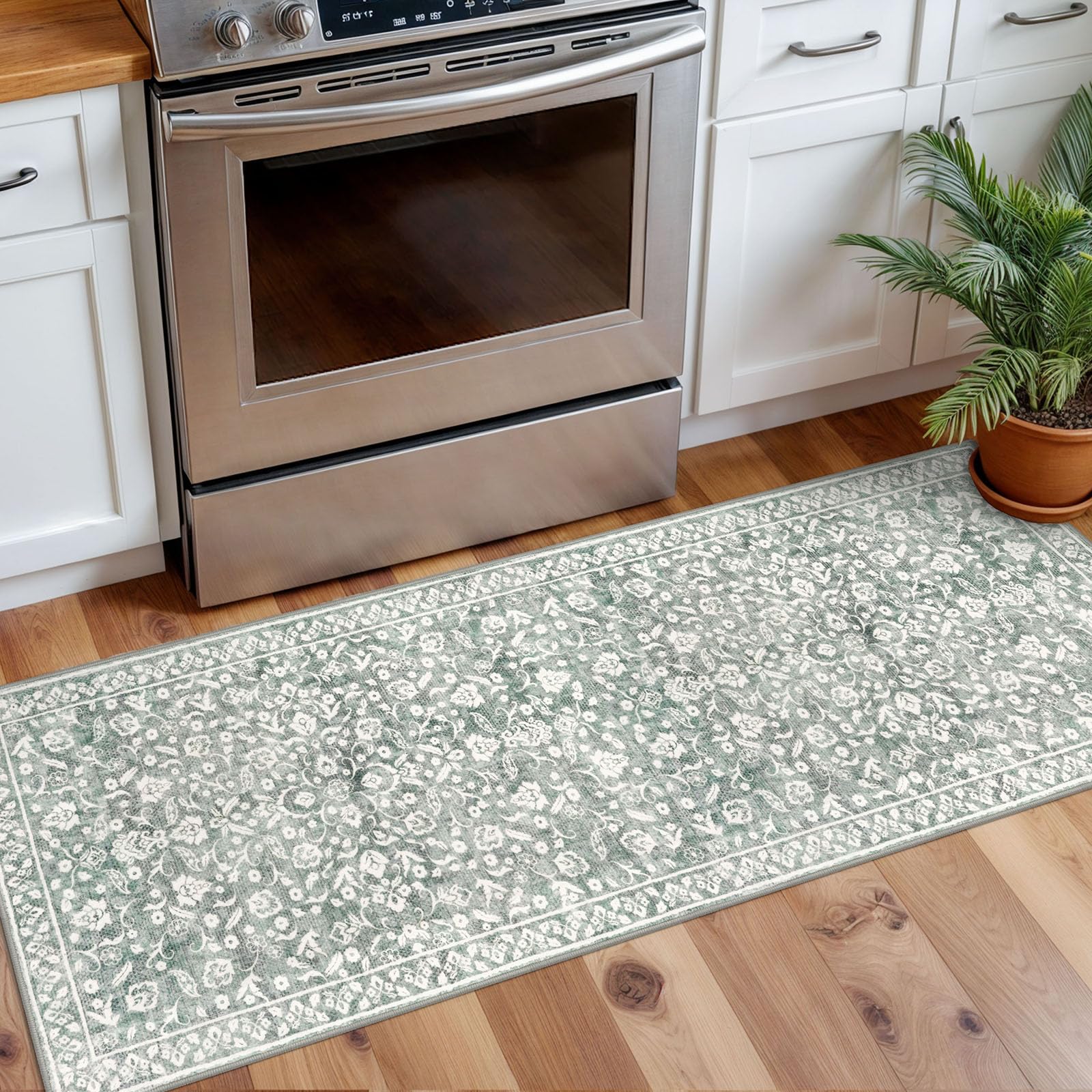Photo 1 of SILOLOOM Vintage Washable 2x5 Rug Runner, Sage Green Grey Runners for hallways, Super Soft Kitchen Runner Rug Non Slip, Printed Faux Wool Floral Thin Carpet Runner for Entryway Laundry Room Bedroom