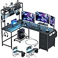 DOMICON 94.5'' Gaming Desk with Pegboard & Shelves Large, L Shaped Computer Desk with Drawers & Power Outlet & LED & Monitor Stand & Mobile CPU Stand, Home Office Black Carbon Fiber