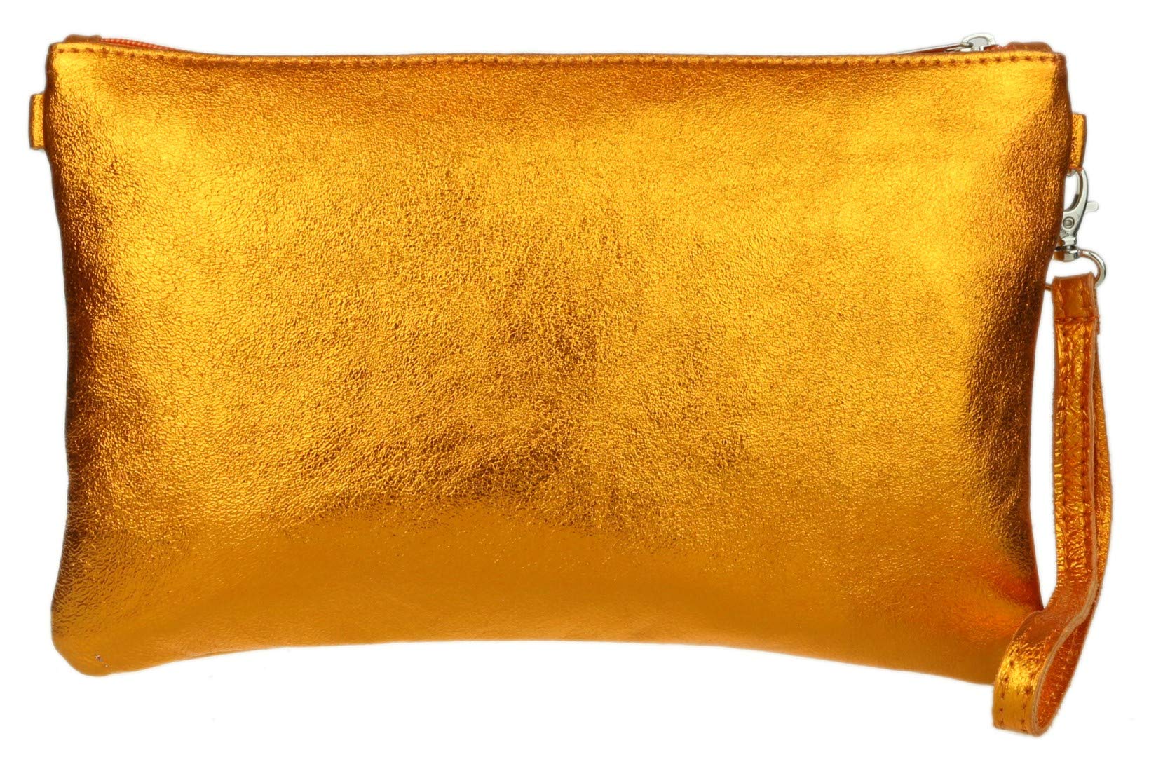 Girly Handbags Womens Genuine Italian Metallic Leather Clutch Bag (Orange)