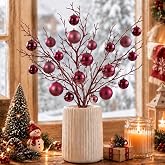 Teyva Daily Burgundy 3 Pcs Christmas Ball Ornament Spray Branches 24 Inch | Shiny and Matte Christmas Tree Picks Ball Ornaments for Xmas Tree Topper DIY Wreath Holiday Floral Vase Fillers Crafts Decor