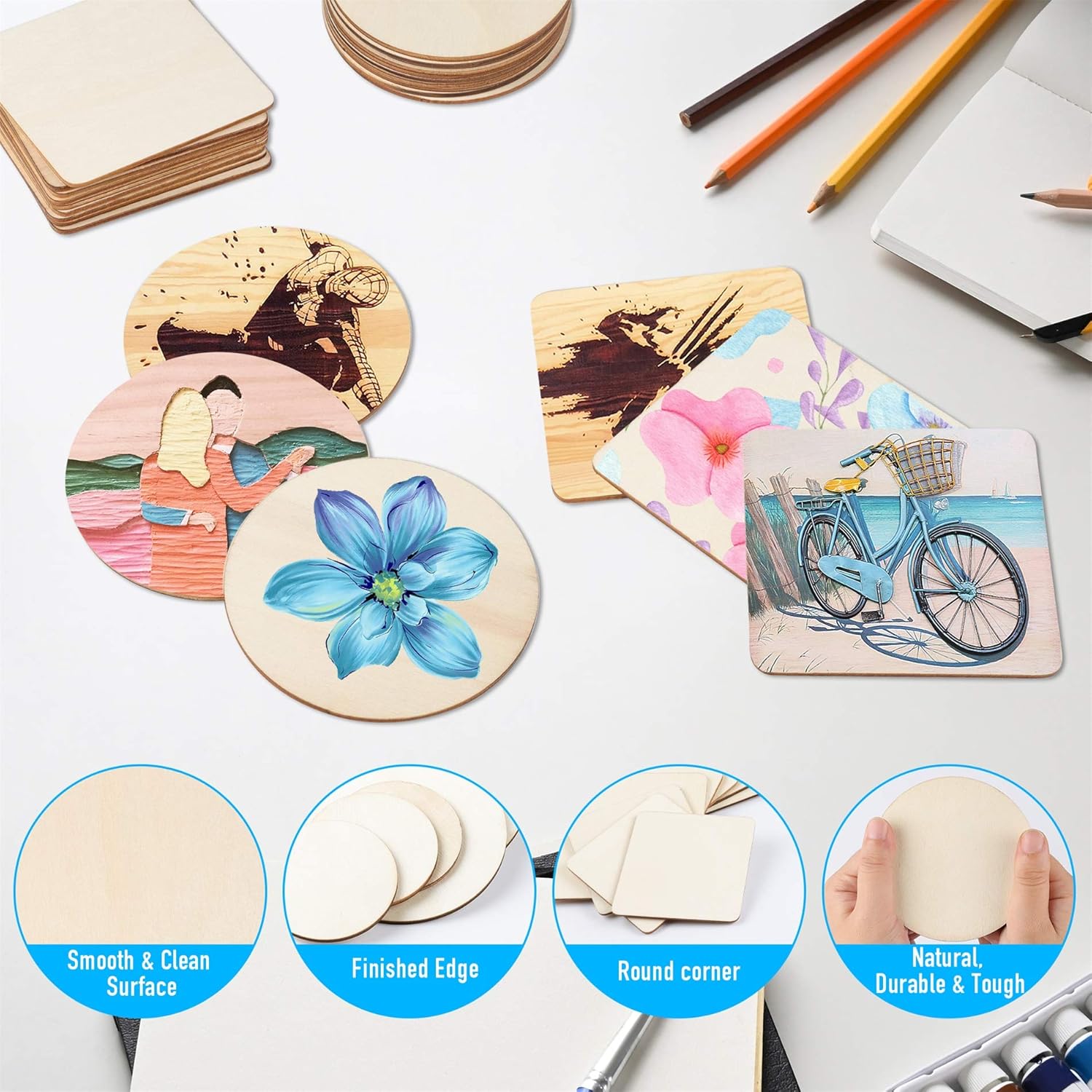 Unfinished Wood Pieces (100 Pcs 2”–4”), Jetika Blank Wood Slices for Scrabble Tiles Home Wall Decoration, Natural Unfinished Wood for Crafts Ornaments Coasters DIY Painting Pyrography Wooden Letters