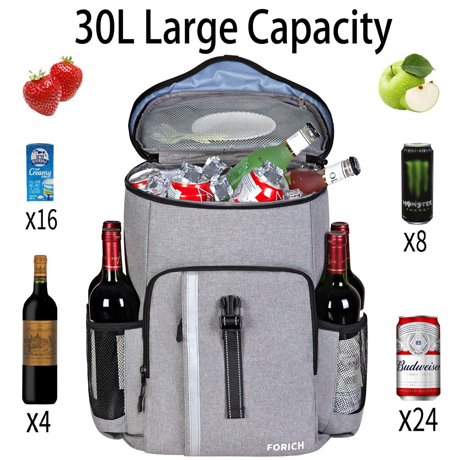 FORICH Backpack Cooler Leakproof Insulated Waterproof Backpack Cooler Bag, Lightweight Soft Beach Cooler Backpack for Men Women to Work Lunch Picnics Camping Hiking, 30 Cans