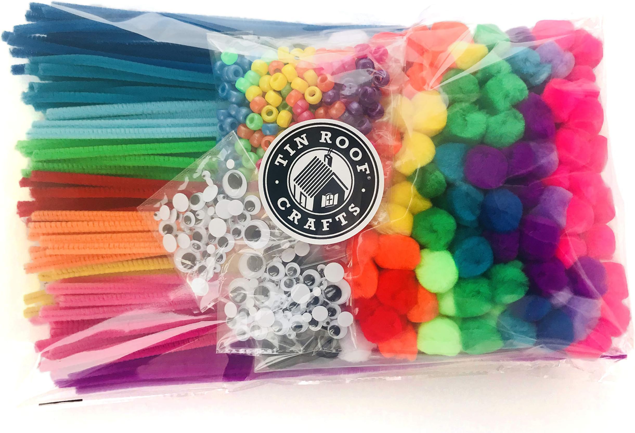 Tin Roof Crafts in Hot Kaleidoscope Colors for Crafts and DIY Hobby Supplies, Large Bargain Bag 240 Pom Poms, 140 Pipe Cleaners, 250 Pony Beads, 100 Self-Sticking Googly Eyes