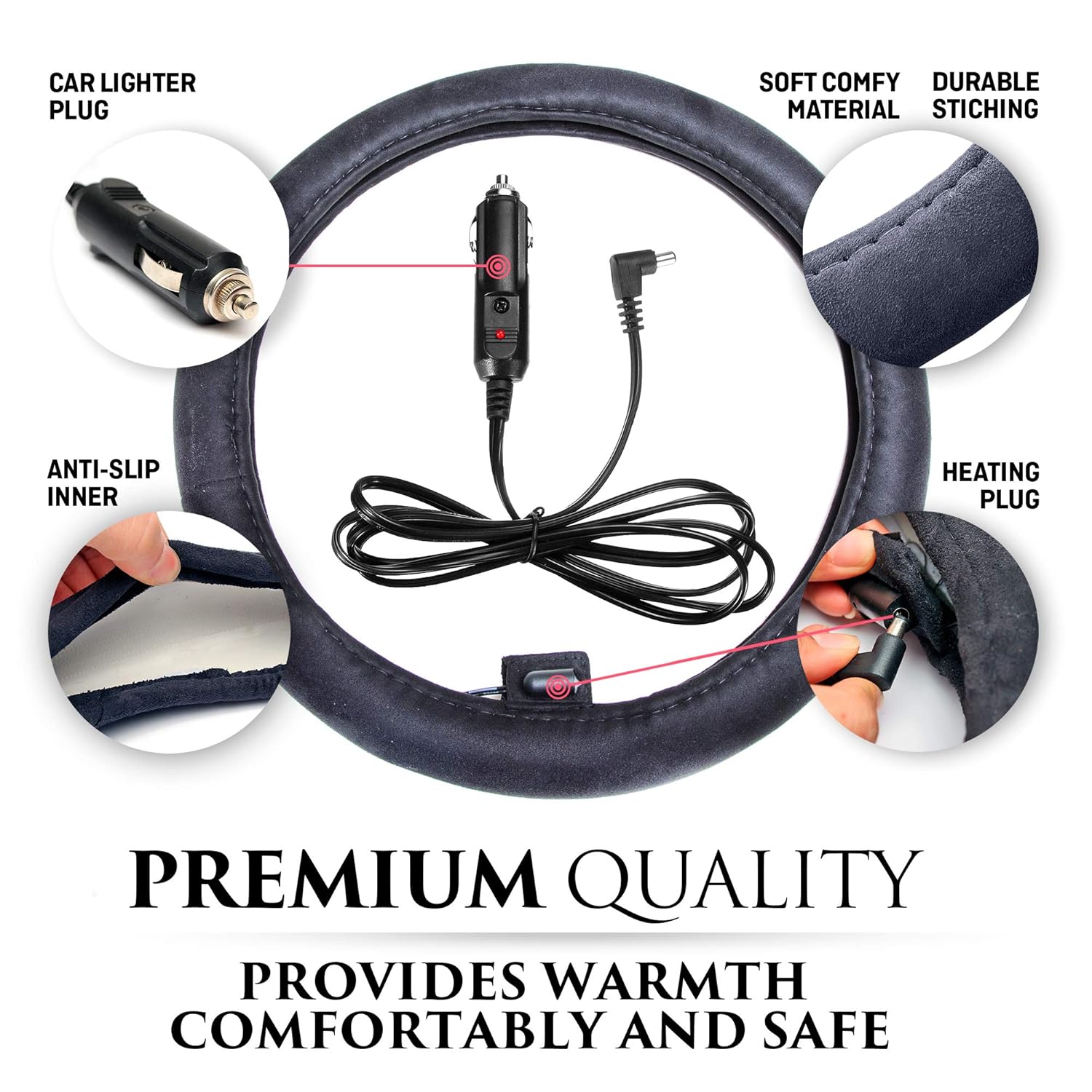 Zone Tech 12v Black 14.5" Heated Steering Wheel Cover Warm Winter
