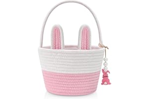MELLBAY Easter Baskets for Kids, Pink Large Woven Rope Bunny Personalized Easter Basket Empty with Handle, Basket Name Tag, Baby Egg Easter Baskets for Girls, Boys, Toddler, Babies, Infant, Easter Gifts
