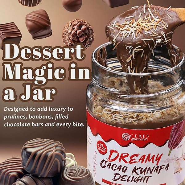 CERES GOURMET DUBAI CHOCOLATE CRUNCHY SPREAD, 9.7 OZ, PREMIUM SPREADABLE DUBAI CHOCOLATE WITH HAZELNUT AND CRISPY KATAIFI, RICH NUTTY GOURMET BREAKFAST SNACK FOR ICE CREAM, DESSERTS AND PANCAKES
