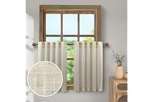 PITALK Linen Kitchen Curtains for Small Window 36 Inch Length 2 Panels Back Tab Pocket Primitive Burlap Farmhouse Vintage Cafe Tier Semi Sheer Privacy Short Curtains for Bathroom Bedroom 3ft x 3FT Long Beige