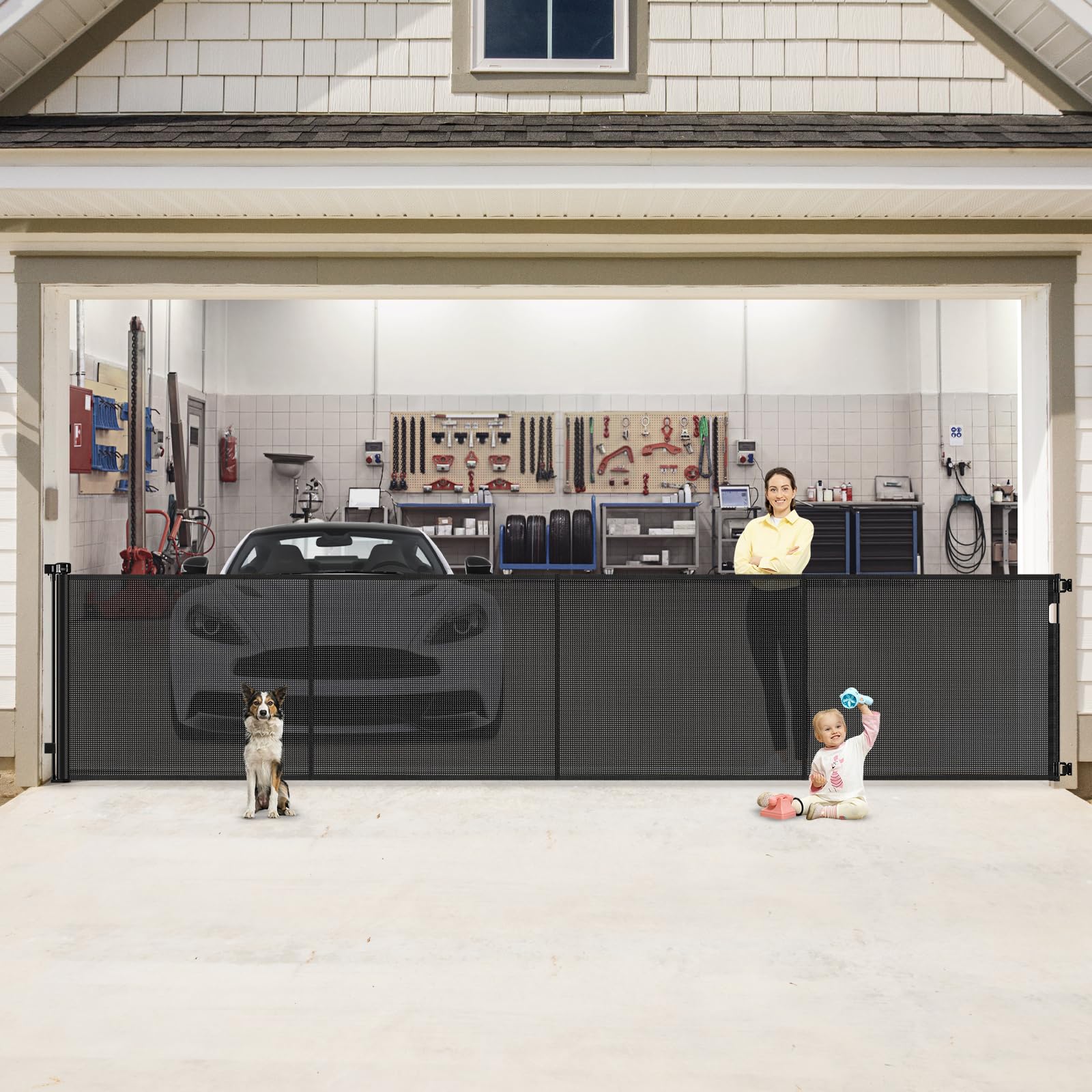 Photo 1 of Reinforced 200 Inch Extra Wide Retractable Baby Gates to Prevent Crawling Through, Indoor/Outdoor Baby Gates for Decks, 16 ft Mesh Retractable Fence/Barrier/Blocker/Screen Gate for Garage, Black