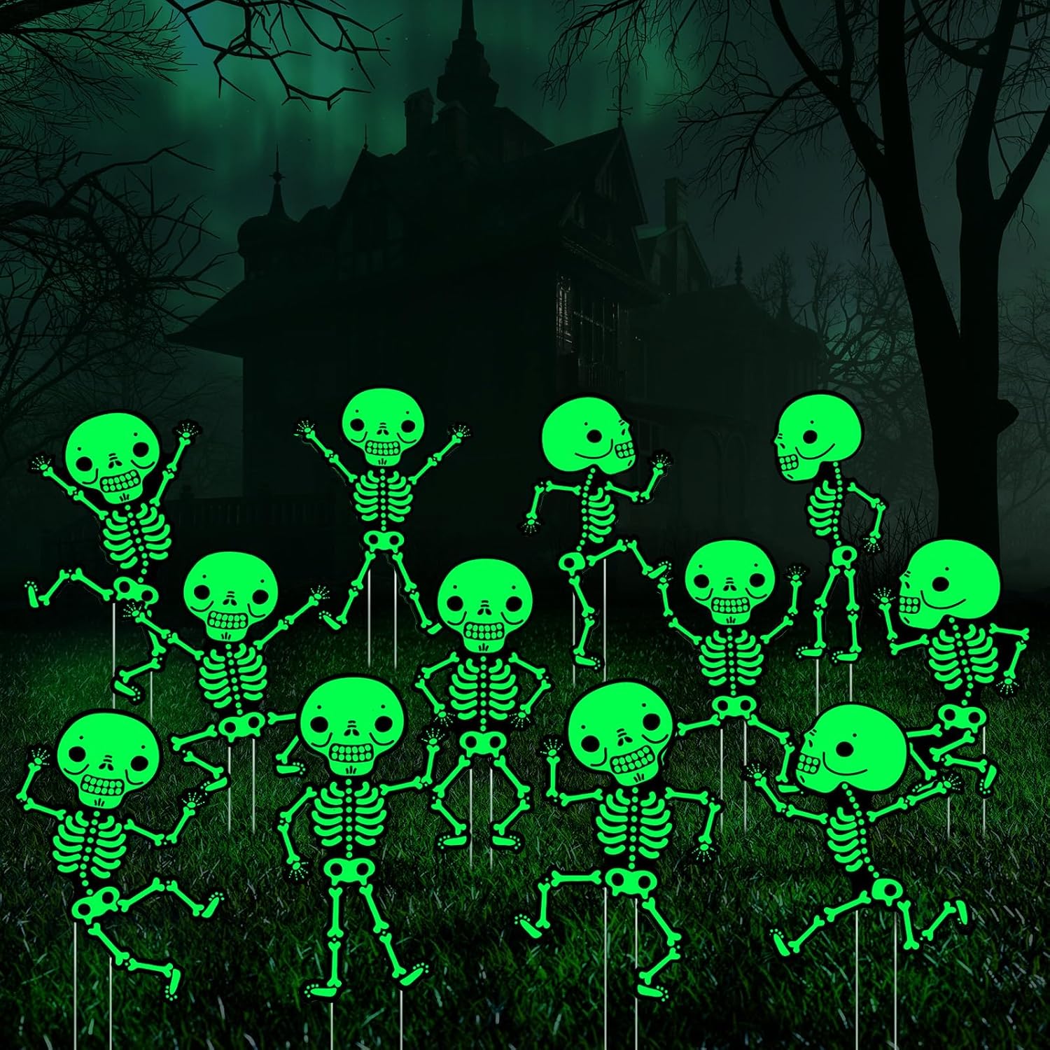 Yard Signs - 12 Pcs Halloween Yard Signs with Stakes Glow in Dark Ghost Decorations Scary Pumpkin Outdoor Decor Halloween Skeleton Lawn Decorations for Halloween Lawn Garden Yard Decorations(Skeleton Style)