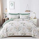 WONGS BEDDING 7 Pieces Floral Bed in a Bag King, Botanical Comforter Set Reversible Green Gold Leaves Bedding Set Microfiber King (1 Comforter,2 Pillowcase,2 Pillow Shams,1 Flat Sheet,1 Fitted Sheet)