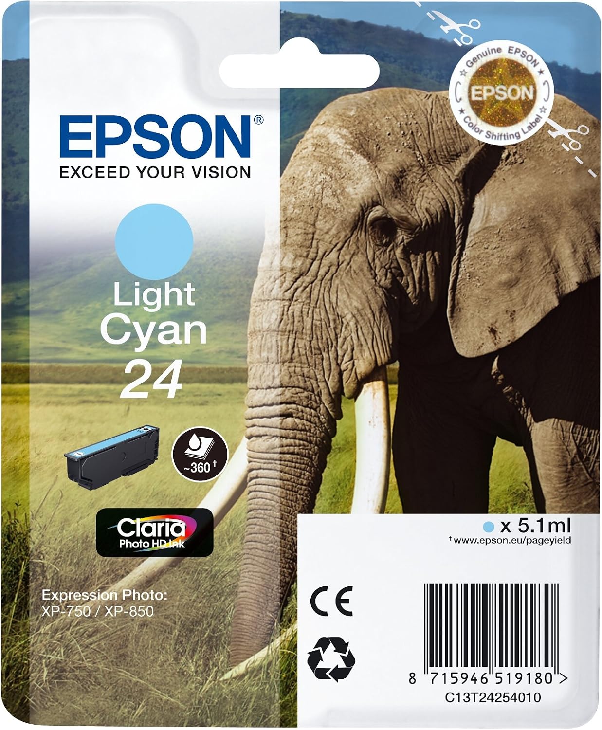 Epson 24 Light Cyan Elephant Genuine, Claria Photo HD Ink Cartridge, Standard Capacity