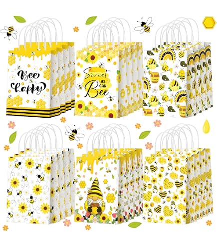 JAROVOKUWO 24 Pcs Bee Party Favor Gift Bags,Honey Bee Treat Bags Snack Cardboard Bag,Goodie Bags Paper Treat Bags For Bee Birthday Baby Shower Giving...