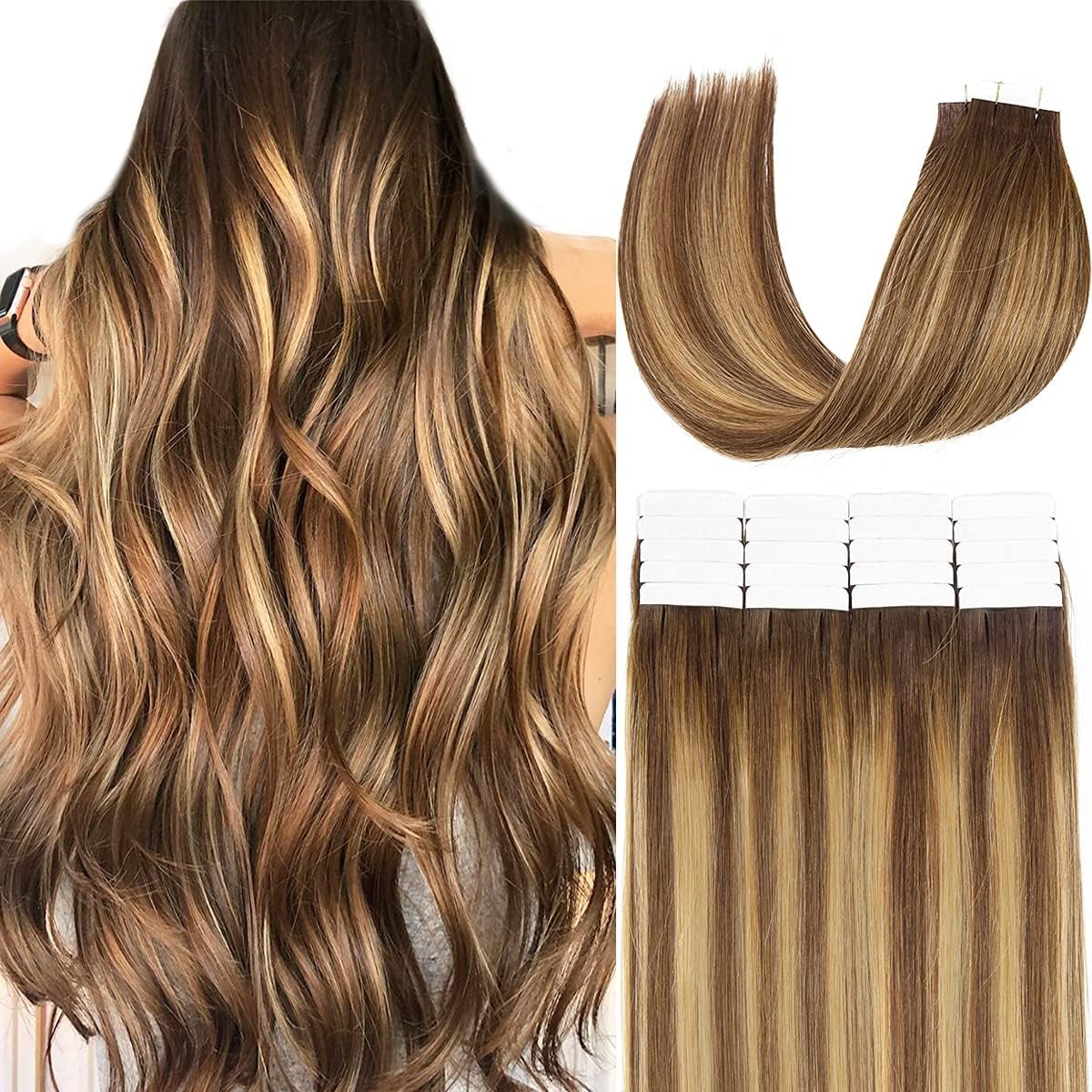 Photo 1 of Loxxy Invisible Tape in Hair Extensions Real Human Hair 40Pcs 100G 18Inch Double Side Skin Weft Ombre Medium Mixed to Caramel Blonde Tape in Human Hair Extensions Natural Straight Thick End #R4-4/27