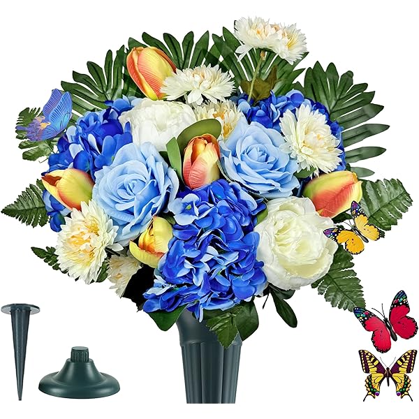 Artificial Cemetery Flowers With Vase – Blue Rose & Lily Bouquet For Grave Decoration, Weather Resistant