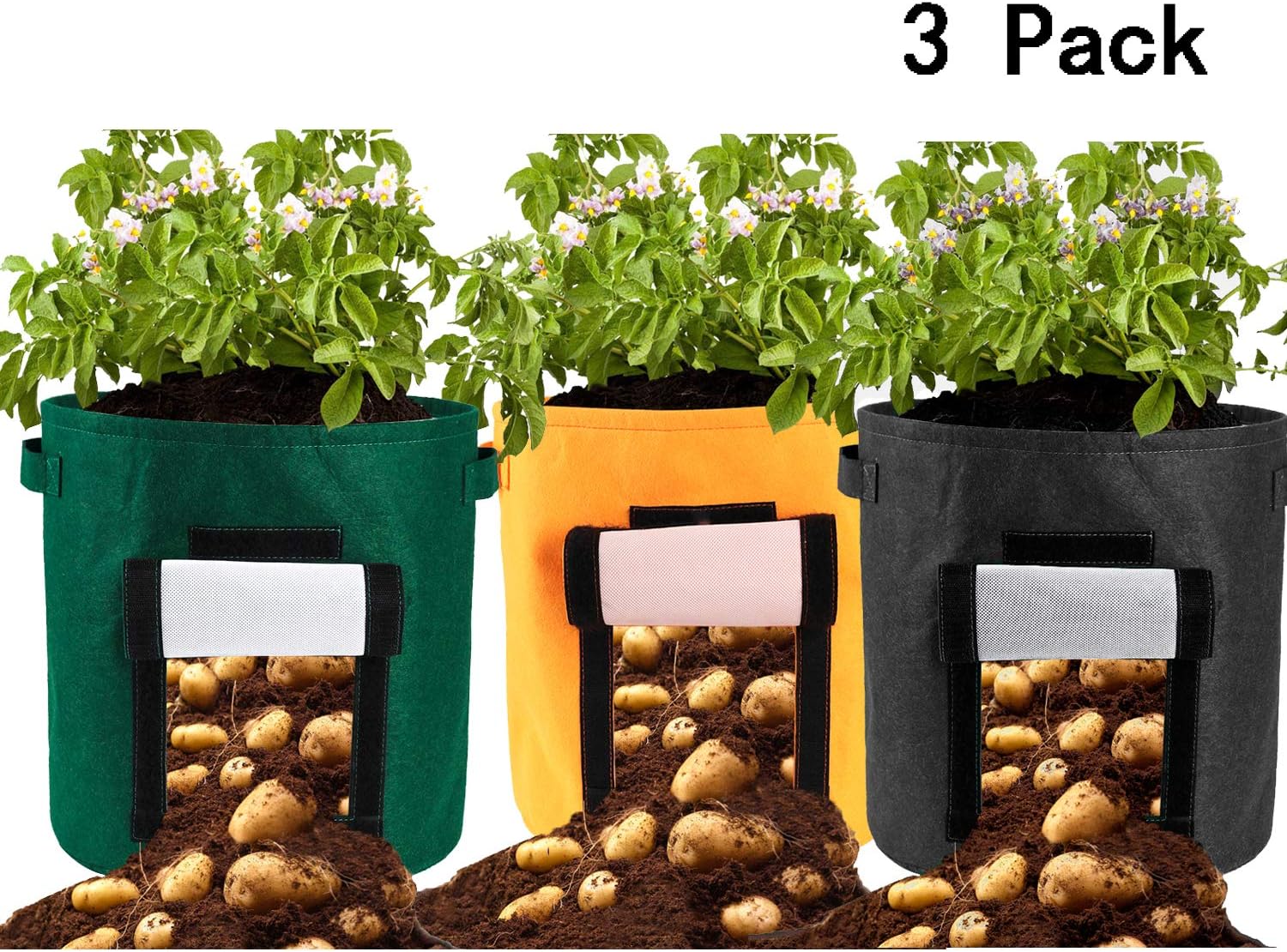 3 Pack Grow Bag 15 Gallon Potato Plant Grow Container Felt Waterproof Garden Planter Bag with Handles for Grow Multi-Species Vegetables Carrot,Tomato