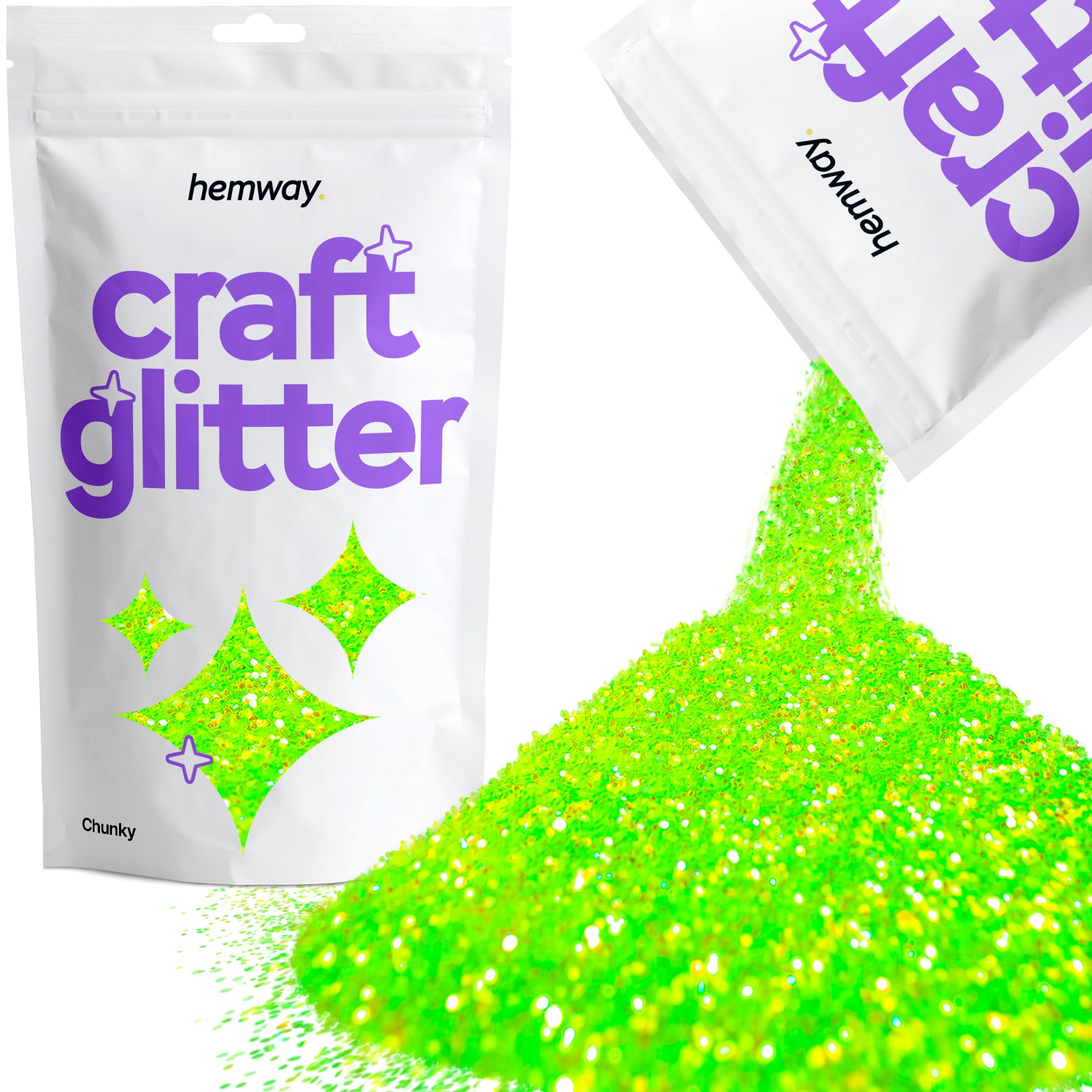 Hemway Craft Glitter Fluorescent UV Neon Green 100g Chunky Glitter for Crafts, Resin, Cosmetic, Nail, Face, Body, Festival, Tumblers, Art, Candle, Crafting