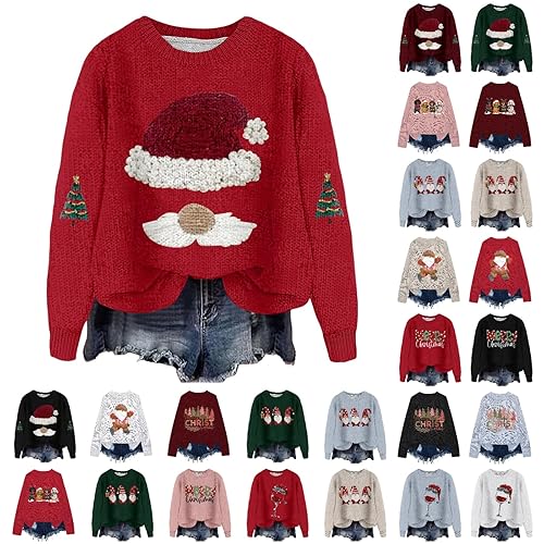 Christmas Jumpers for Women Oversized Xmas Tops for Womens UK Plush Coat Sweaters for Womens 2025 Trendy Graphic Print Long Sleeve Crew Neck for Women