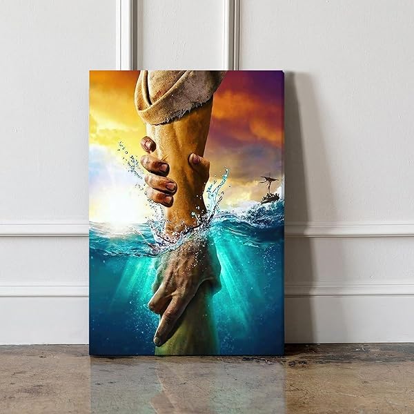 FRAMED JESUS CHRIST CANVAS WALL ART THE HAND OF GOD JESUS REACHING INTO WATER CHRISTIAN PAINTING PRINTS BIBLICAL WALL DECOR RELIGIOUS ROOM DECOR FOR CHURCH PRAYER ROOM SCHOOLS HOSPITALS 16″ X 24″