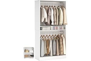 Unikito 3FT Freestanding Closet System with 2 Hanging Rods & Adjustable Shelve, 36'' Wood Closet Organizer System, Clothes Garment Rack, Sturdy Walk-in Closet Tower, Easy Assembly, Hold 800LBS, White