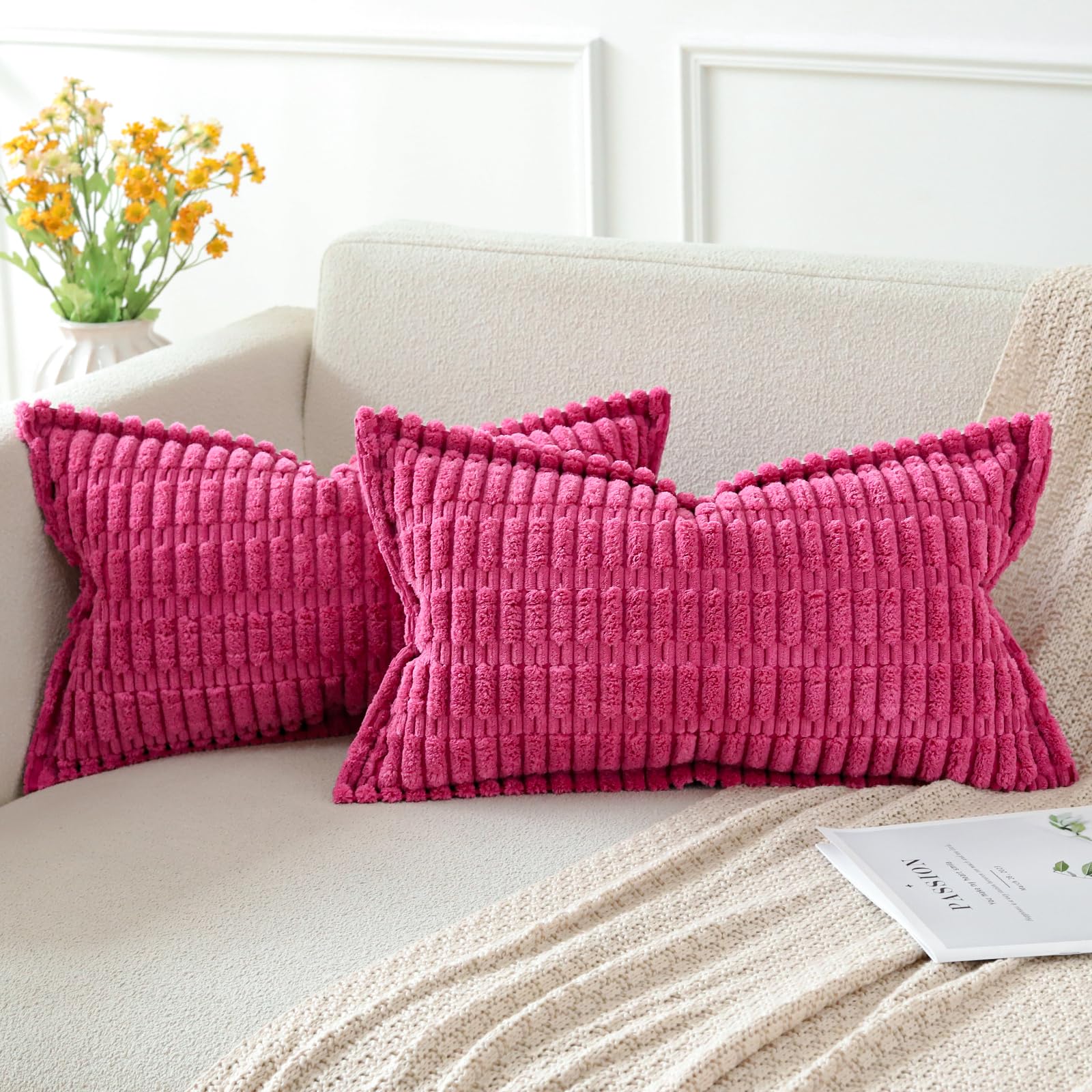 Artscope Hot Pink Cushion Covers Set of 2 Corduroy Decorative Square Striped Pillowcase with Stitched Edge Pillow Covers 30x50cm for Home Decor Sofa Bedroom Car — image 1