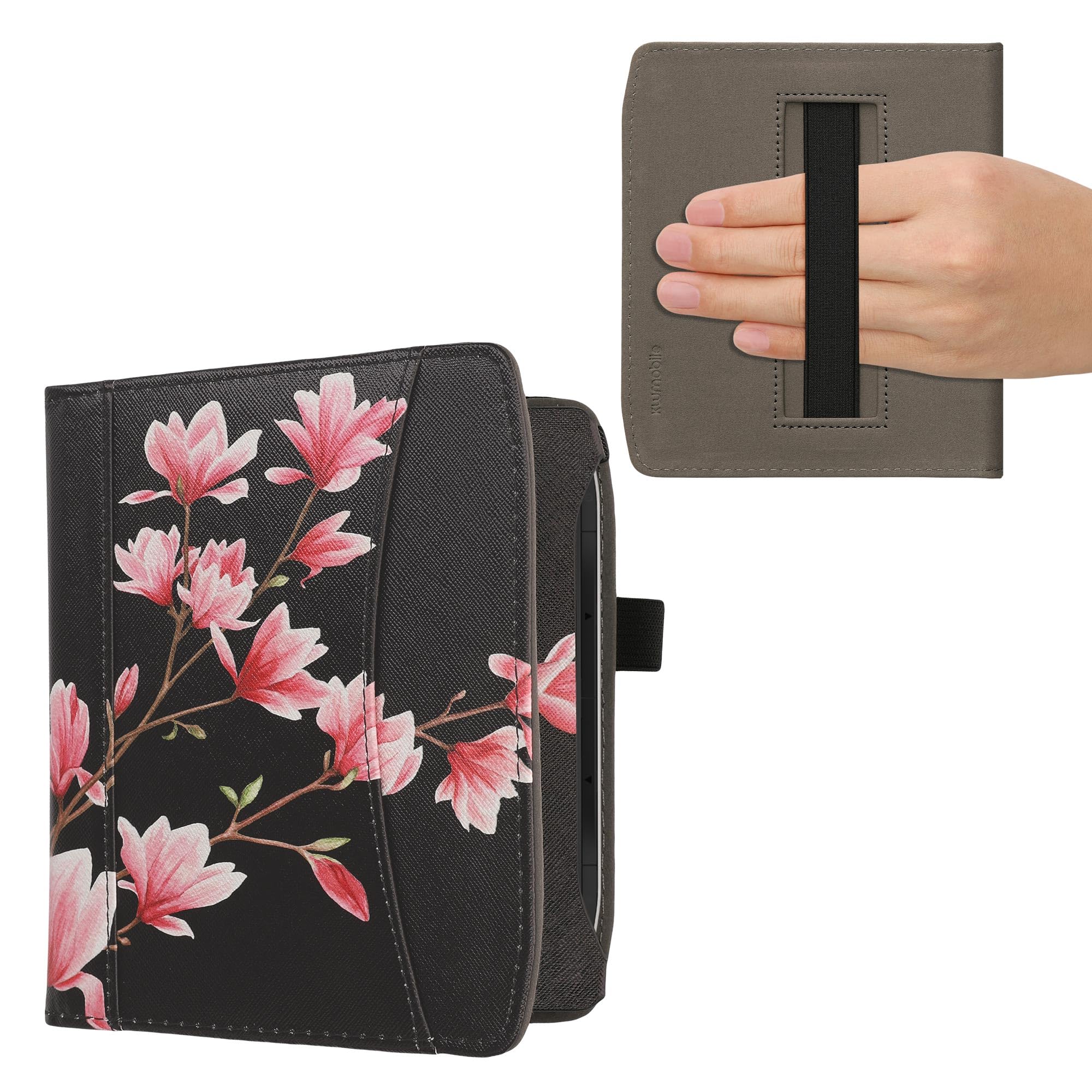 kwmobile Case Compatible with Pocketbook Era/Era Color - PU Leather Cover with Magnetic Closure, Strap, Front Pocket - Magnolias Pink/White/Black