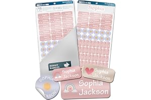 Bunny Badges Personalized Name Labels for Kids (70 Labels) - Custom Waterproof Name Stickers for Daycare, Clothing Tags, Water Bottles, Lunch Boxes and School Supplies (Daydream)