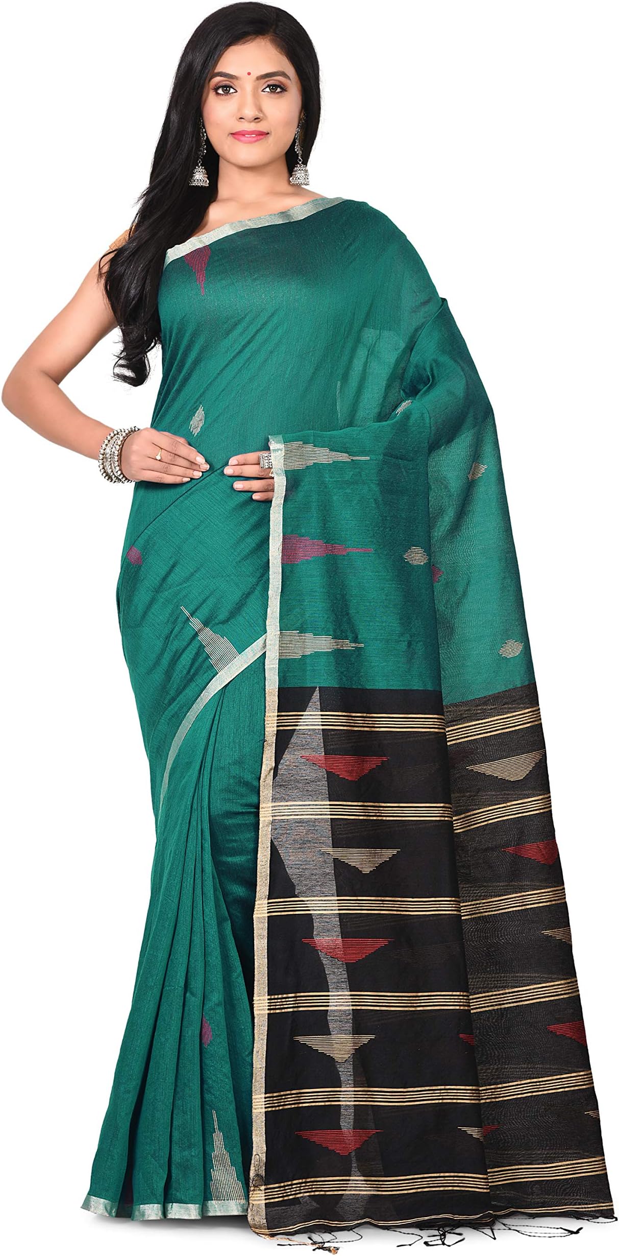 Bengal Handloom Saree Women's Silk Cotton Handwork Free Size Turquoise