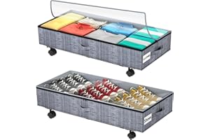 UYOKCNIE Under Bed Storage Containers, Underbed Storage with Wheels, Under The Bed Shoe Storage Bins with Clear Window Handles and Cover, Under Bed Drawers for Clothes Shoes Blanket (2 Pack, Grey Woven)