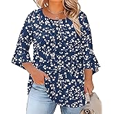 Rapbin Plus Size Tops for Women 3/4 Ruffle Sleeve Crew Neck Button Down Pleated Blouses Casual Fashion Tunic (1X-5X)