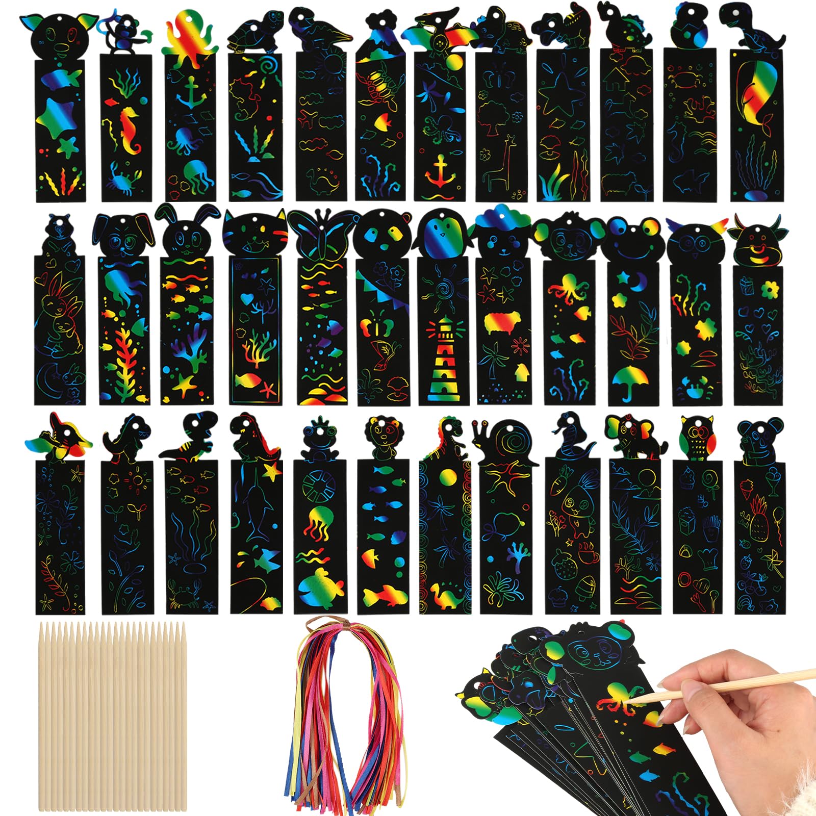 RVLZKCPG Pack of 48 Scratch Pictures for Children, Animal Bookmarks, Scratch Pictures, Creative Scratch Paper, Personalised Scratch Painting with Wooden Pens and Ribbons for Crafts DIY, Children's
