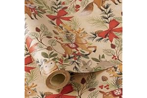 RUSPEPA Kraft Christmas Wrapping Paper Roll, Mini Roll, Woodland Animal Design with Fox, Reindeer, Owl and Bunny, Kraft Gift Wrap for Christmas, Holiday, Winter Party, 17 Inches x 16.4 Feet