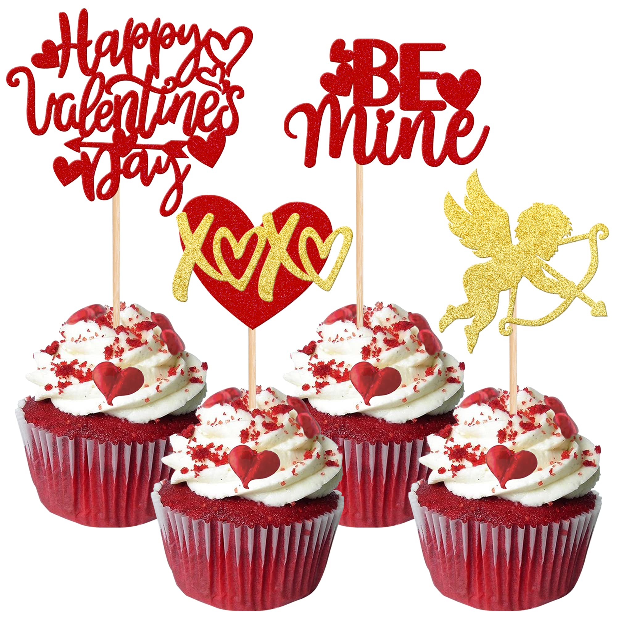 Xsstarmi 24 Pack Happy Valentine's Day Cupcake Toppers Glitter Cupid Love Heart Be Mine Cupcake Picks for Valentine's Day Theme Wedding Party Cake Decorations Supplies Red