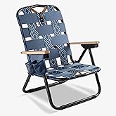 CleverMade Kove Twilight Blue Beach Camping Chair, Hands Free Carrying Strap + Real Wood Handles & 2 Cup Holders, Foldable Reclining Low Profile Collapsible Lawn Chair, Holds 300 lbs
