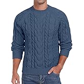 Askdeer Men's Pullover Sweater Cable Knit Crewneck Sweater Long Sleeve Classic Casual Sweater Tops