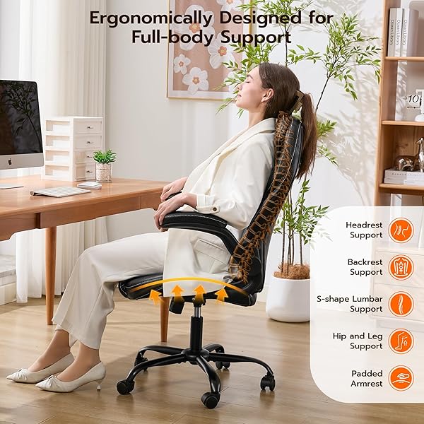 OFFICE DESK CHAIR, ERGONOMIC COMPUTER CHAIR WITH PADDED FLIP-UP ARMS AND ADJUSTABLE LUMBAR SUPPORT, PU LEATHER EXECUTIVE CHAIR WITH TILT LOCK AND 360° SWIVEL ROLLING WHEELS FOR WORK, STUDY