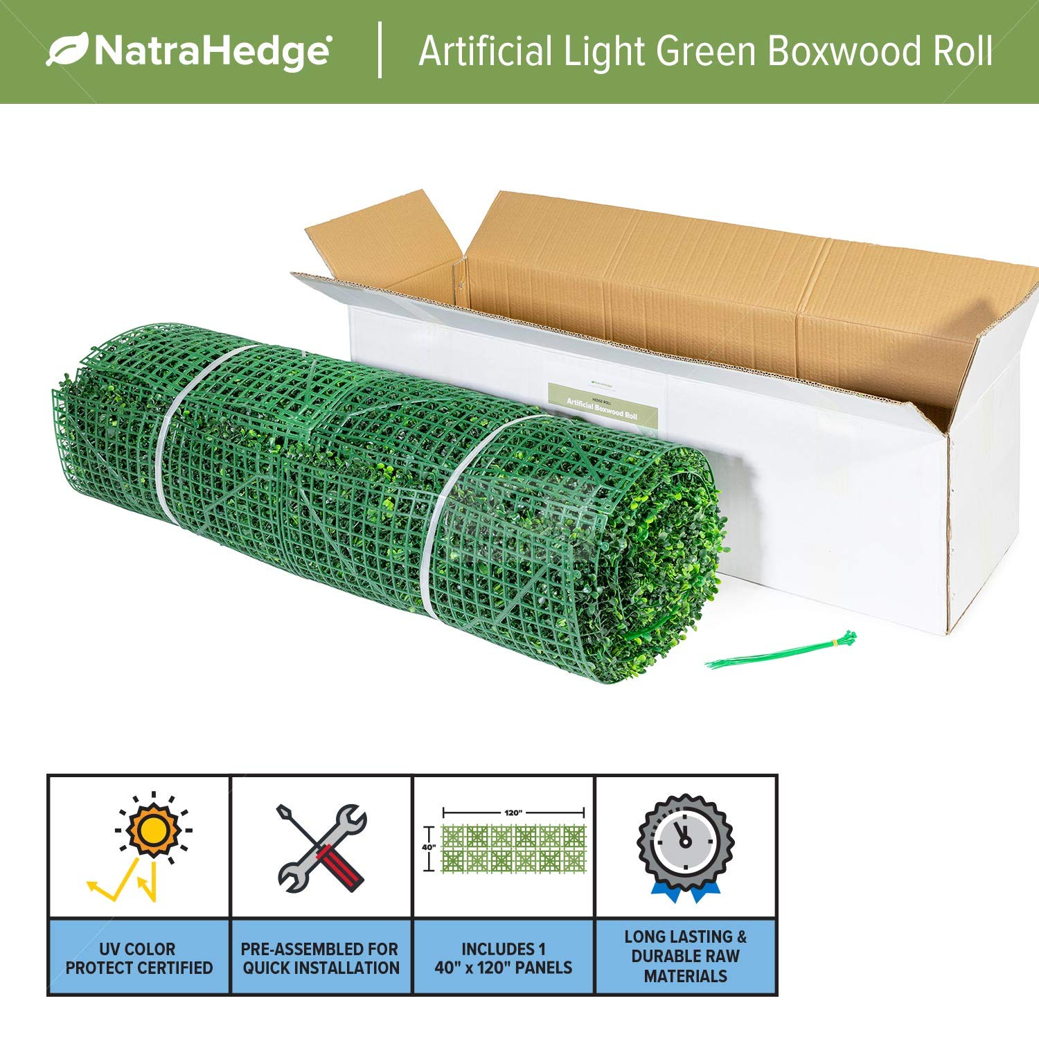 NatraHedge Artificial Boxwood Roll Panels UV Protected for Outdoor Use 33 SQF (Light Green Roll)