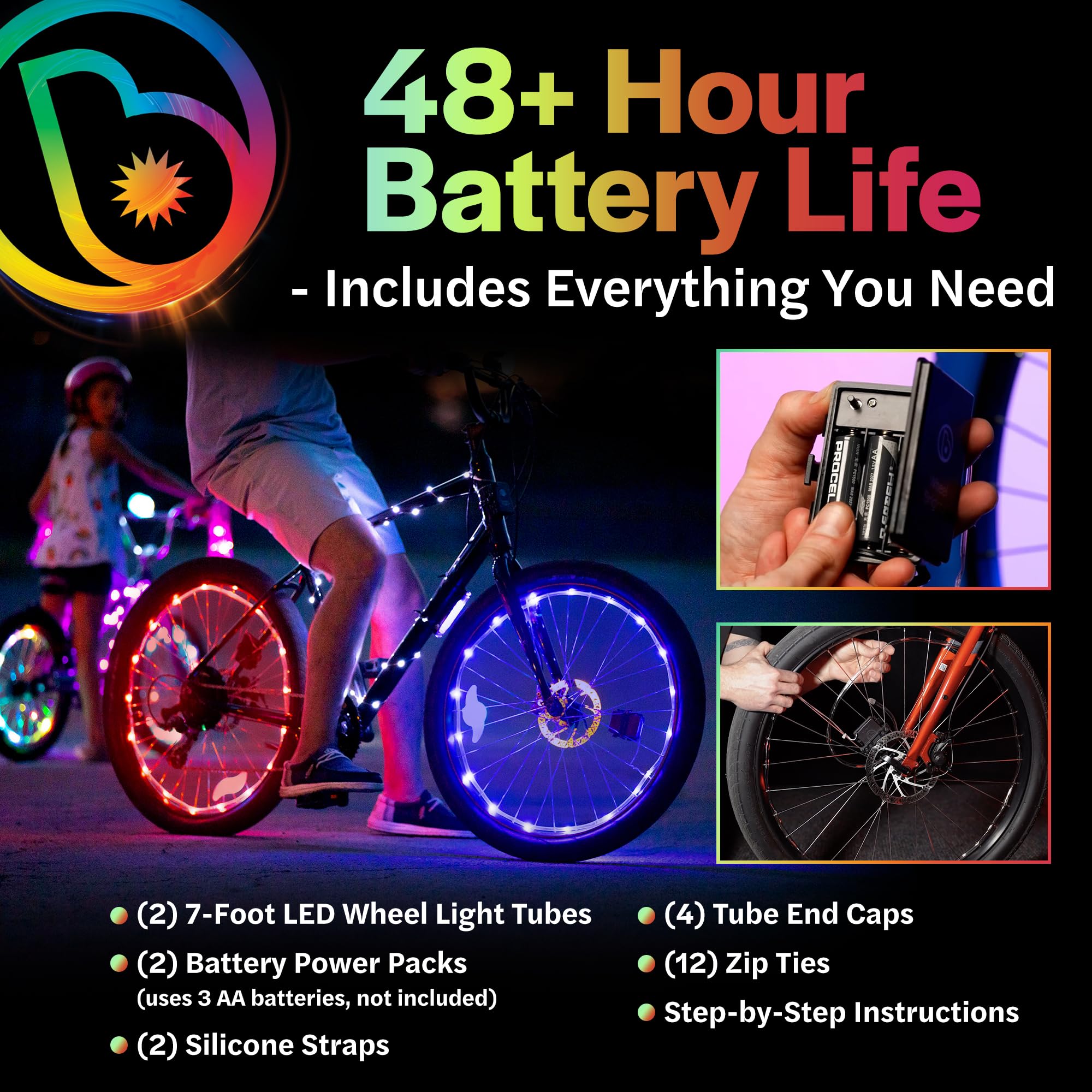 Brightz Multicolor Bike Lights, 7-Foot Waterproof Tubing with 20 Micro LED Lights, Battery-Powered, Perfect for Night Riding, Visibility and Safety