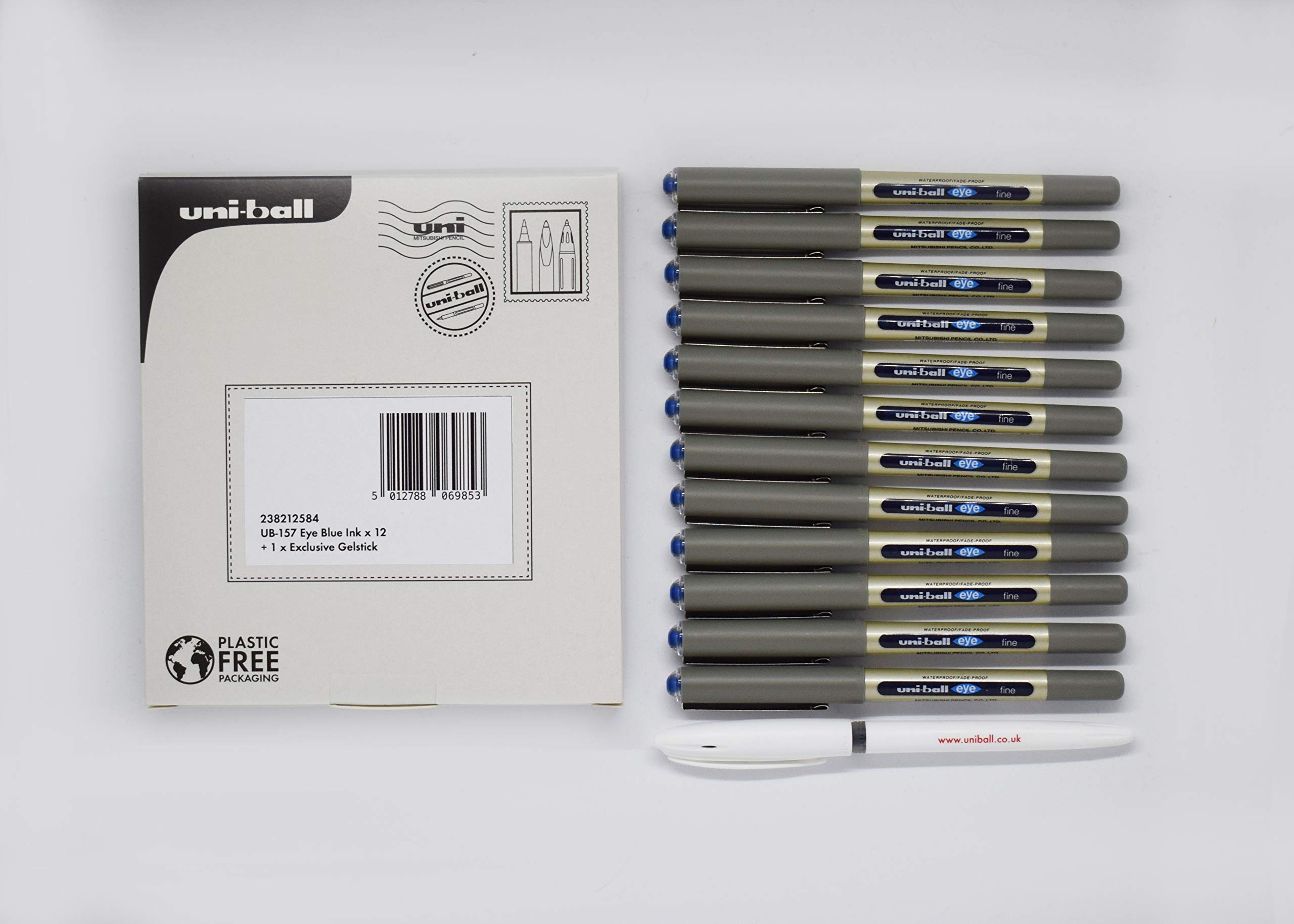 uni-ball UB-157 Eye Rollerball Pens. Premium Fine 0.7mm Ballpoint Tip for Super Smooth Writing, Drawing and Colouring. Fade and Water Resistant Liquid Uni Super Ink. 12 Blue + 1 Exclusive Gel Pen