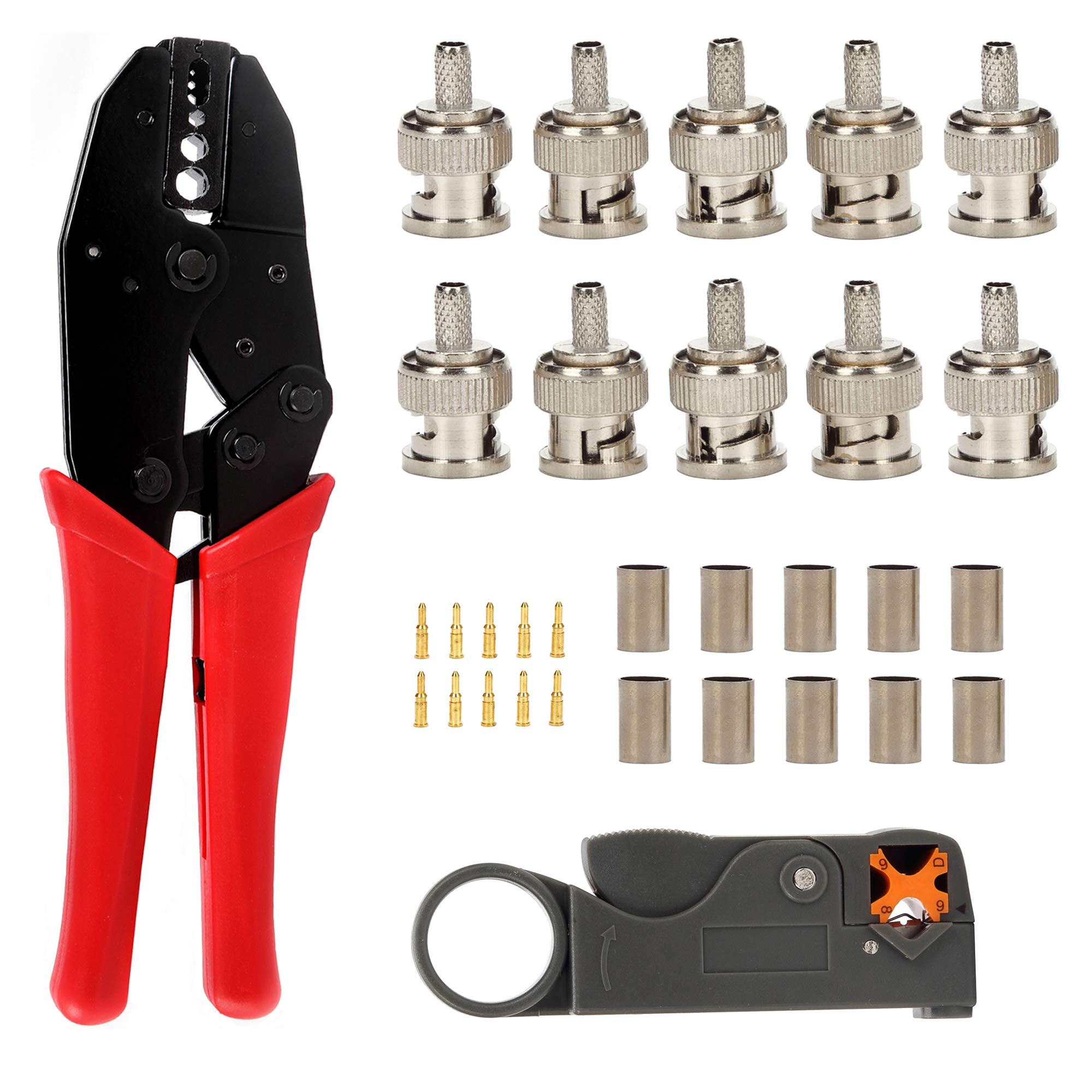 Photo 1 of TLS.eagle BNC RG58 Plug Crimp Connector and Striping Crimp Tool for RG58/RG59/RG6 10 Pack Red
