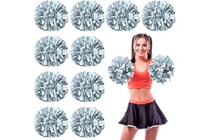 WILLBOND 12pcs Cheerleading Pom Poms Bulk Metallic Foil Cheerleader with Baton Handle Plastic Ring Cheerleader Pompoms for Spirit Game Sports Dance Cheering Squad Soccer (Silver)