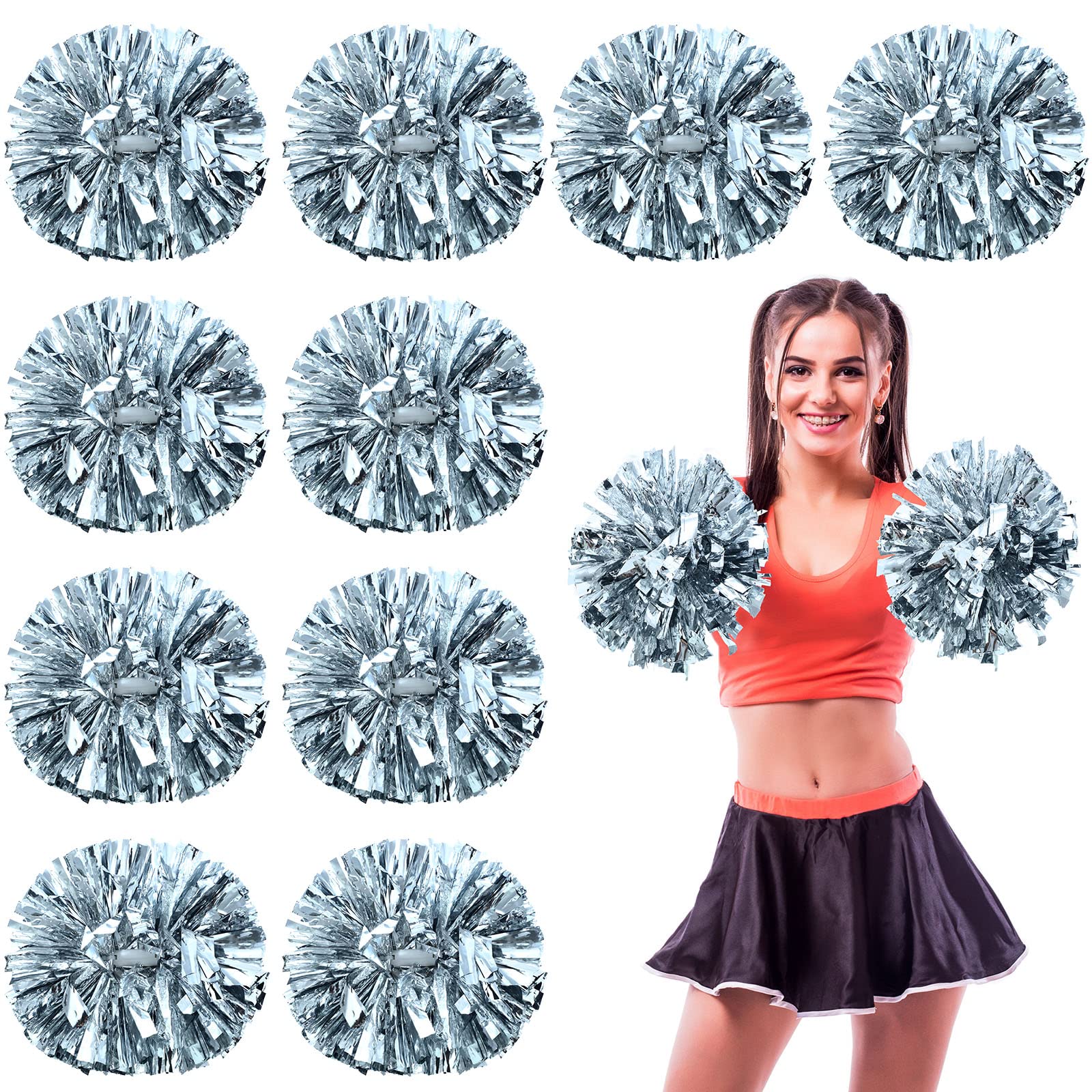 Photo 1 of WILLBOND 12pcs Cheerleading Pom Poms Bulk Metallic Foil Cheerleader with Baton Handle Plastic Ring Cheerleader Pompoms for Spirit Game Sports Dance Cheering Squad Soccer (Silver)