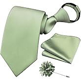 Branduce 3.15"(8cm) Pre-tied Adjustable Zipper Tie and Lapel Pin Solid Necktie Handkerchief Set for Men
