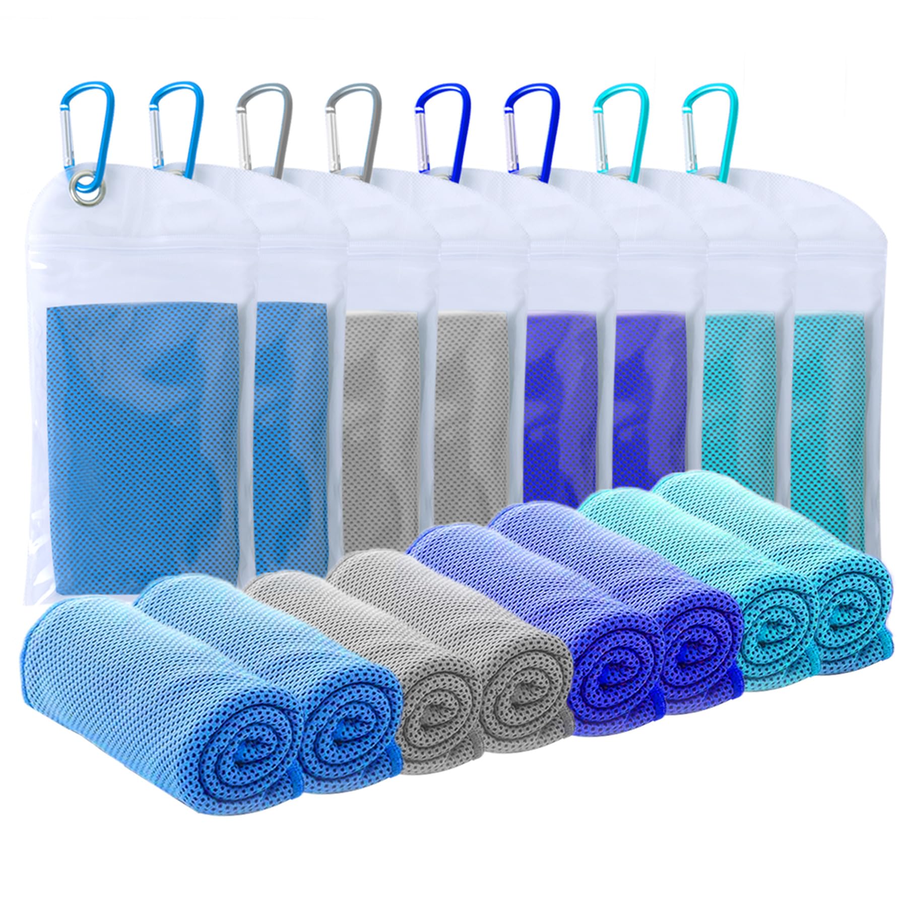 SZELAM Cooling Towel(40"x12") Microfiber Towel Yoga Towel for Men or Women Ice Cold Towels for Yoga Gym Travel Camping Golf Football & Outdoor Sports 8 Packs (2 Blue/2 Dark Blue/2 Grey/2 Lake Blue)