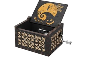 HUNTMIC The Nightmare Before Christmas Wood Music Boxes, Wooden Carving Retro Hand Rotary Musical Box Best Gift for Halloween Christmas Thanksgiving Gift (Black)