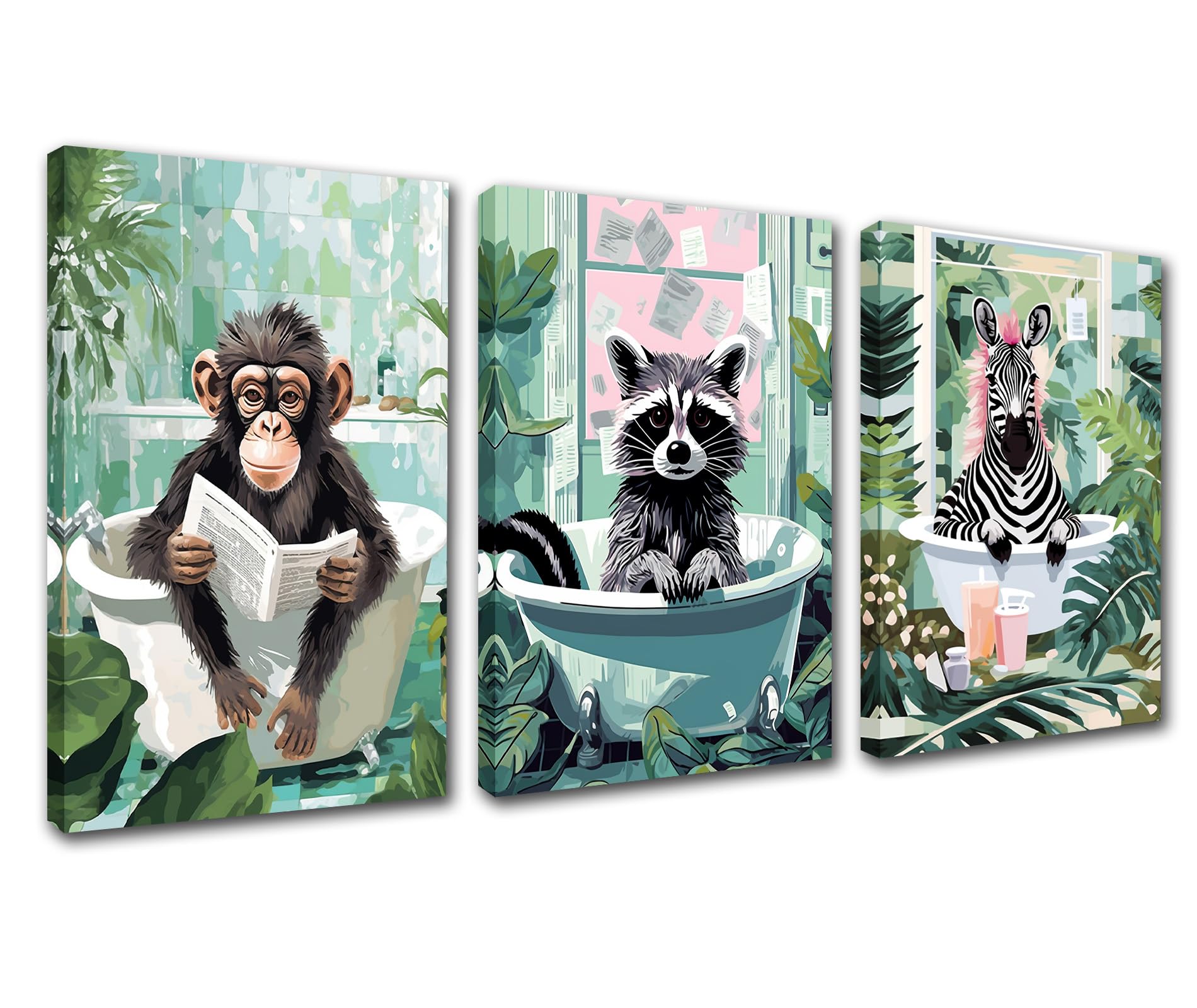Bathtub Animals Canvas Wall Art for Living Room Decor 3 Pieces Bathroom Animal Oil Paintings Monkey Raccon Zebra Artwork Decor Room Wall Pictures Lovely Art Artwork Framed Ready to Hang 42''Wx20''H